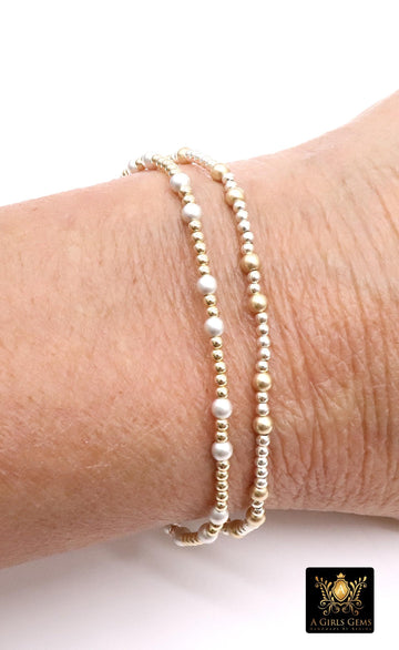 14K Gold Filled Matte Beaded Bracelet, 925 Sterling Silver Mixed Metal Stretchy Women's Bangle, Stacking Bracelets, Hand Made Stacks